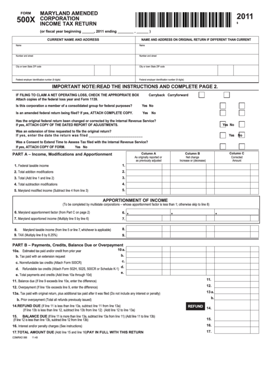 Fillable Form 500x - Maryland Amended Corporation Income Tax Return - 2011 Printable pdf