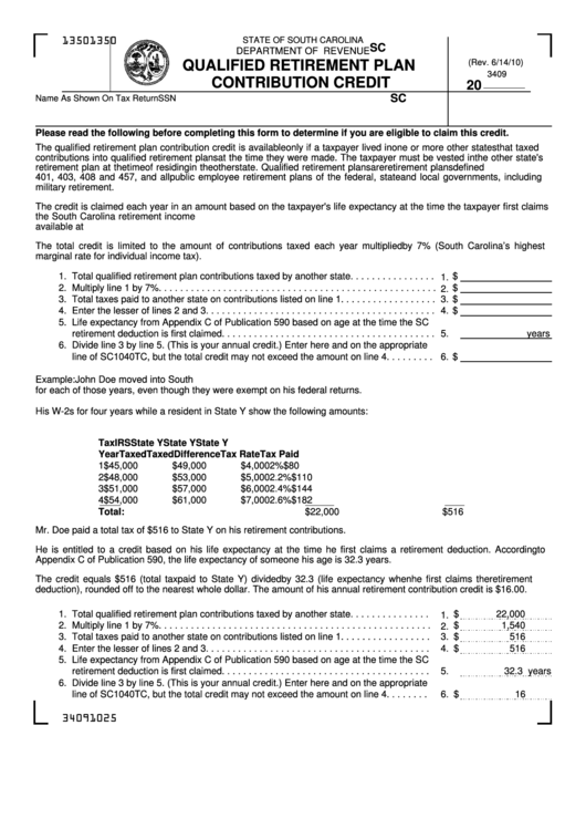 Form Sc Sch.tc-29 - South Carolina Qualified Retirement Plan Contribution Credit Printable pdf