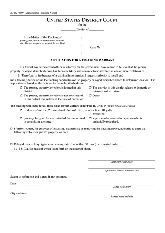 Fillable Form Ao 102 - Application For A Tracking Warrant - United States District Court Printable pdf