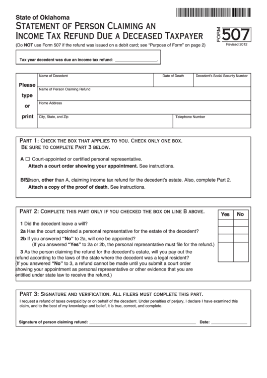 Fillable Form 507 - Oklahoma Statement Of Person Claiming An Income Tax Refund Due A Deceased Taxpayer Printable pdf