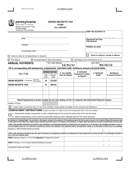 Fillable Form Rct-113 - Pennsylvania Gross Receipts Tax Printable pdf