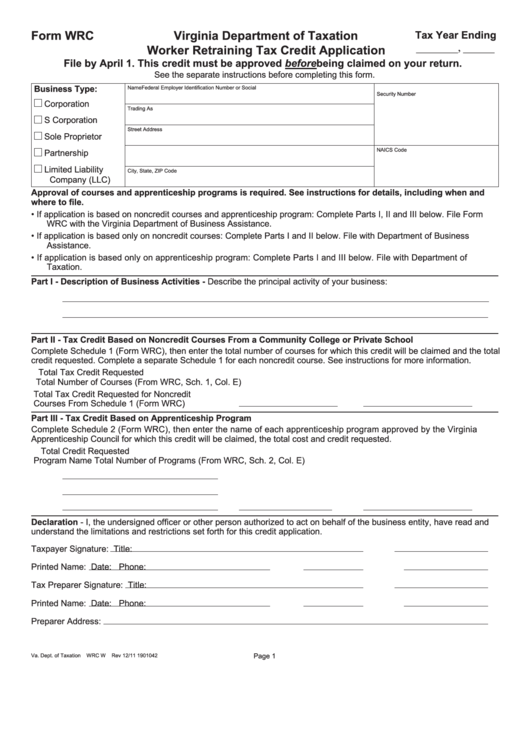 Form Wrc - Virginia Worker Retraining Tax Credit Application Printable pdf