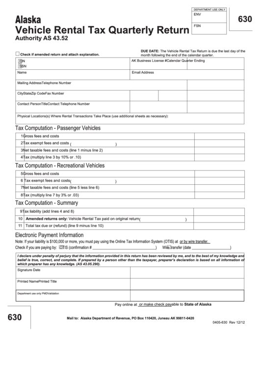 Fillable Form 0405-630 - Vehicle Rental Tax Quarterly Return Printable pdf