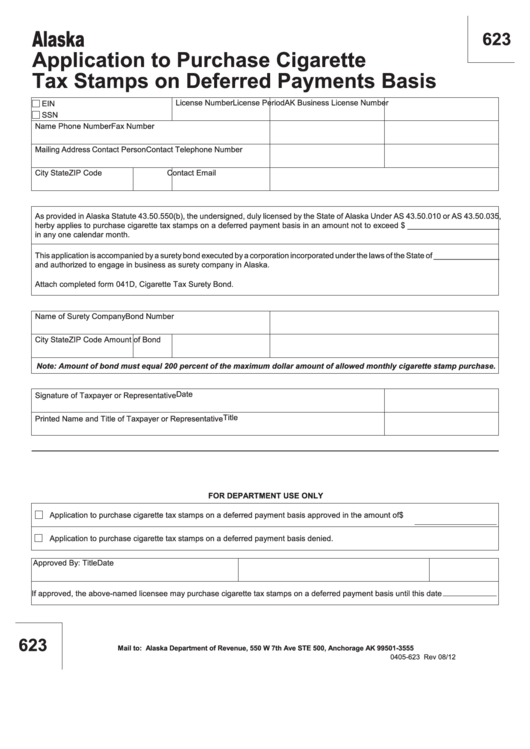 Fillable Form 0405-623 - Application To Purchase Cigarette Tax Stamps On Deferred Payments Basis Printable pdf