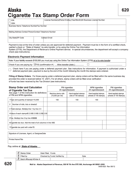 Fillable Form 0405-620 - Cigarette Tax Stamp Order Form Printable pdf
