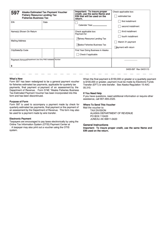 Form 0405-597 - Alaska Estimated Tax Payment Voucher Fishery Resource Landing Tax Fisheries Business Tax Printable pdf