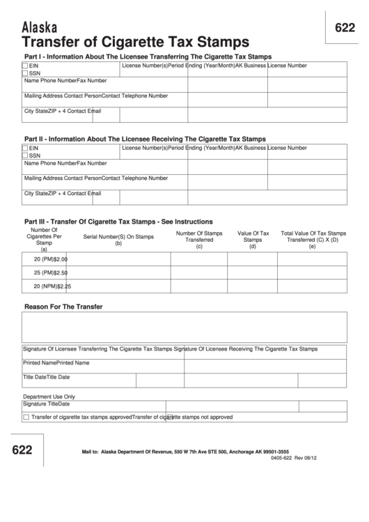 Form 0405-622 - Transfer Of Cigarette Tax Stamps Printable pdf