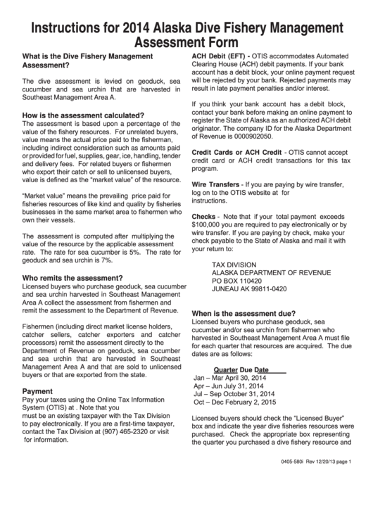 Instructions For 2014 Alaska Dive Fishery Management Assessment Form Printable pdf