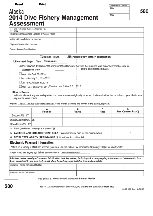 Fillable Form 0405-580 - Dive Fishery Management Assessment - 2014 Printable pdf
