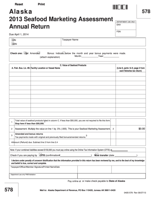 Fillable Form 0405-578 - Seafood Marketing Assessment Annual Return - 2013 Printable pdf
