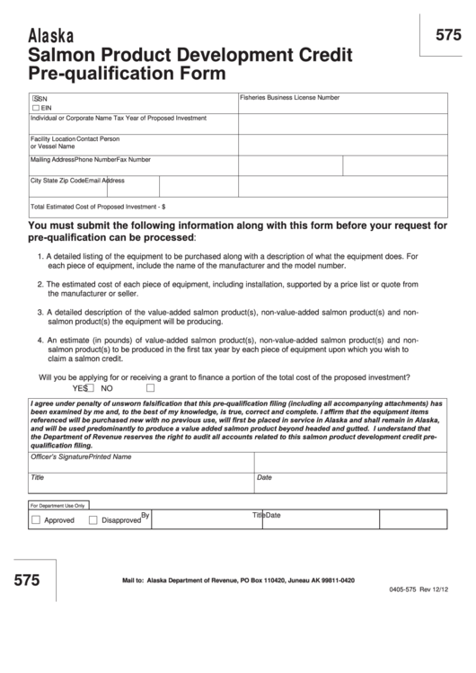 Form 0405-575 - Salmon Product Development Credit Pre-Qualification Form Printable pdf