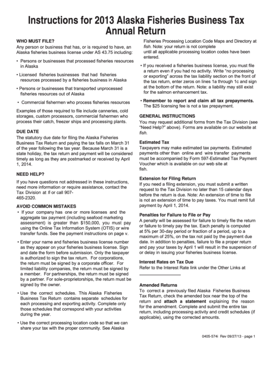 Instructions For 2013 Alaska Fisheries Business Tax Annual Return Printable pdf