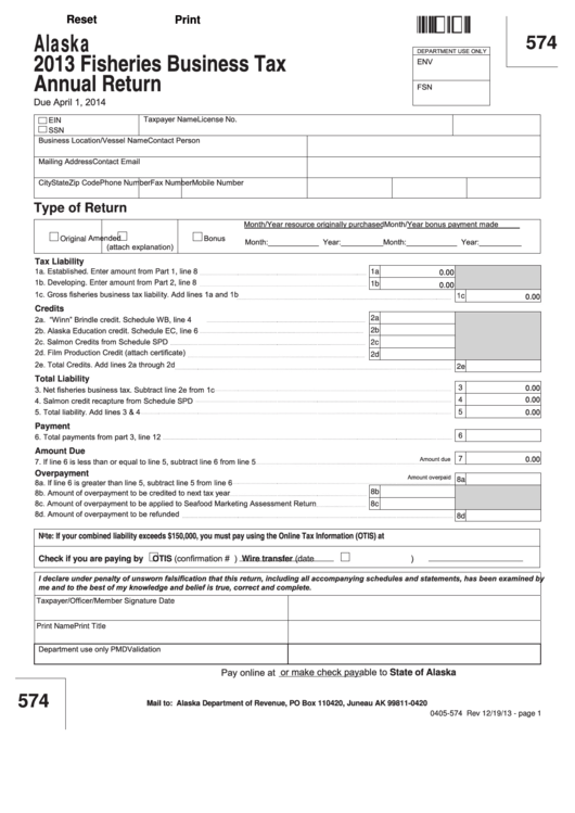 Fillable Form 0405-574 - Fisheries Business Tax Annual Return - 2013 Printable pdf