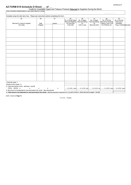 Fillable Arizona Form 819 - Schedule D, E-1, E-2 Printable pdf