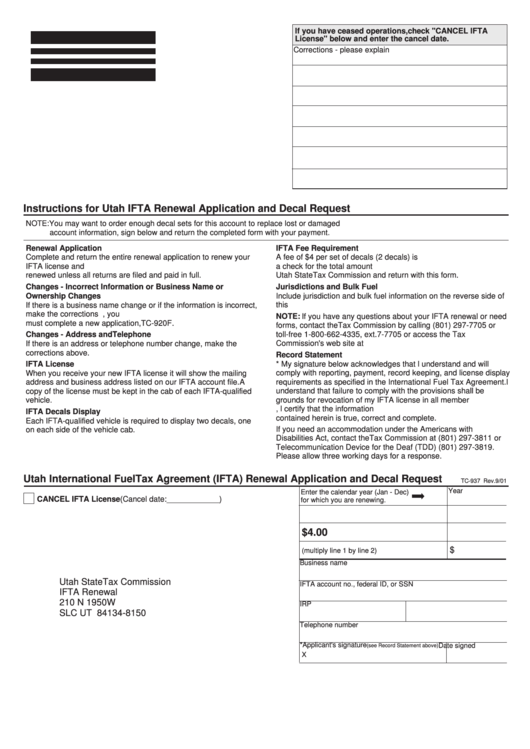 Form Tc-937 - Utah International Fuel Tax Agreement (Ifta) Renewal Application And Decal Request - 2001 Printable pdf