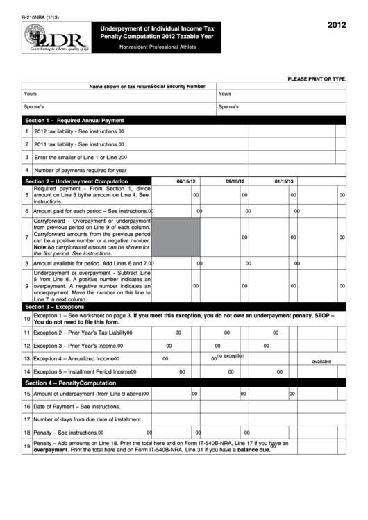 Fillable Form R-210nra - Underpayment Of Individual Income Tax Penalty Computation 2012 Taxable Year Printable pdf