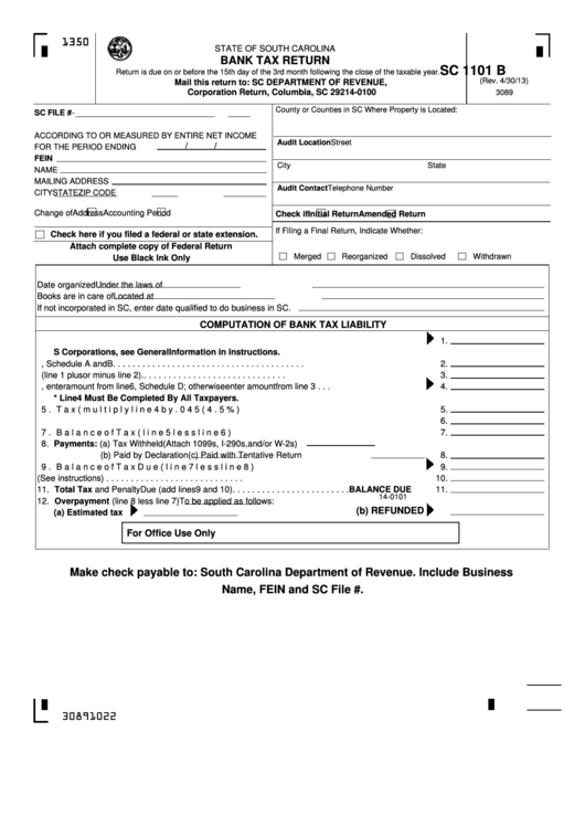 Form Sc 1101 B - South Carolina Bank Tax Return Printable pdf