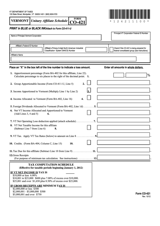 Fillable Form Co-421 - Vermont Unitary Affiliate Schedule Printable pdf