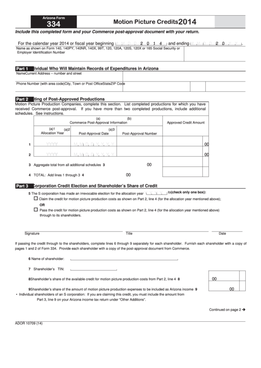 Fillable Form 334 - Arizona Motion Picture Credits - 2014 Printable pdf