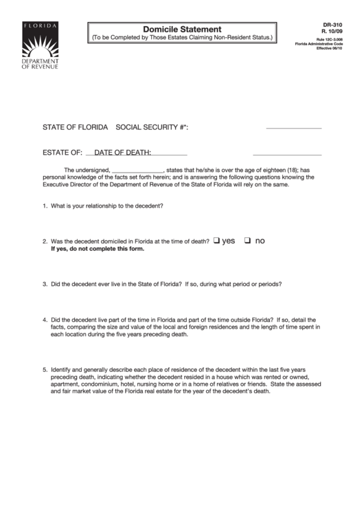 Form Dr-310 - Domicile Statement Printable pdf