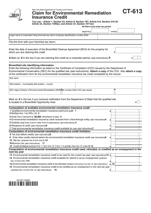 Form Ct-613 - Claim For Environmental Remediation Insurance Credit - 2013 Printable pdf