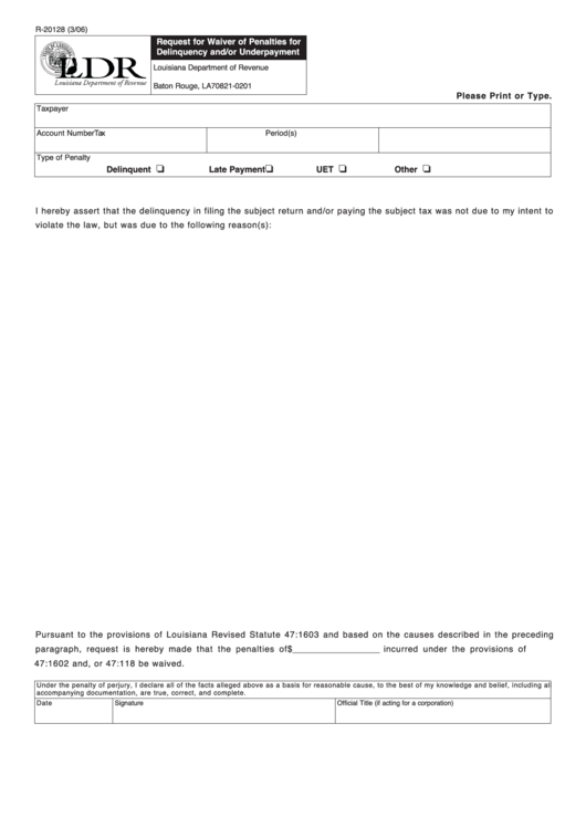 Fillable Form R-20128 - Request For Waiver Of Penalties For Delinquency And/or Underpayment Printable pdf