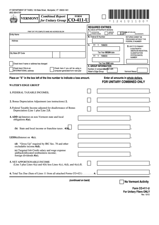 Fillable Form Co-411-U - Vermont Combined Report For Unitary Group Printable pdf