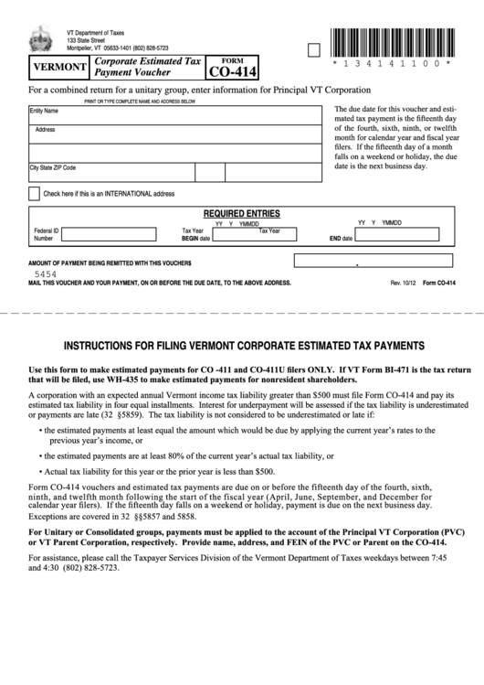 Form Co-414 - Vermont Corporate Estimated Tax Payment Voucher Printable pdf