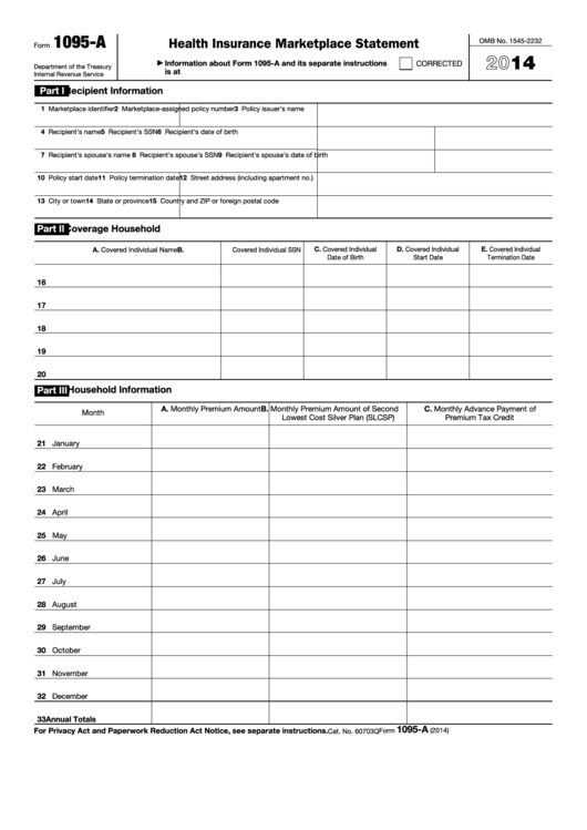 Fillable Form 1095-A - Health Insurance Marketplace Statement - 2014 Printable pdf