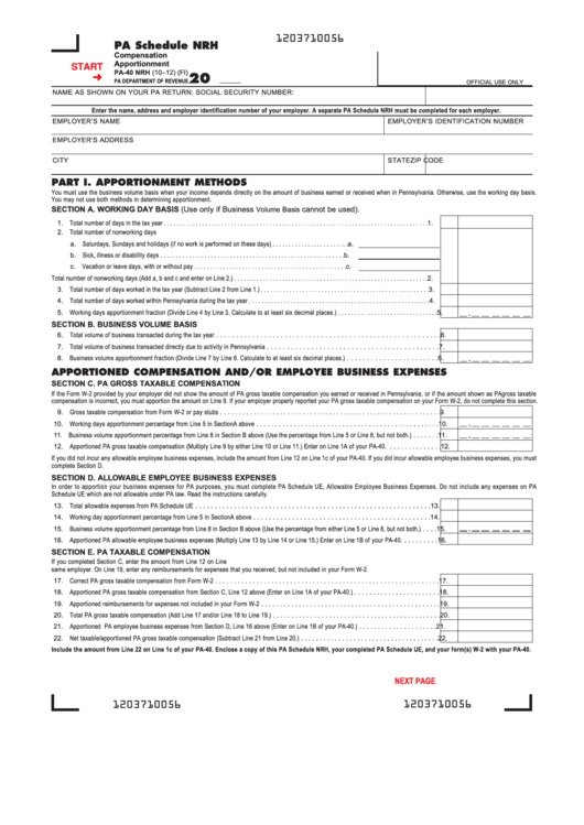 Fillable Form Pa-40 Nrh - Pa Schedule Nrh - Compensation Apportionment Printable pdf