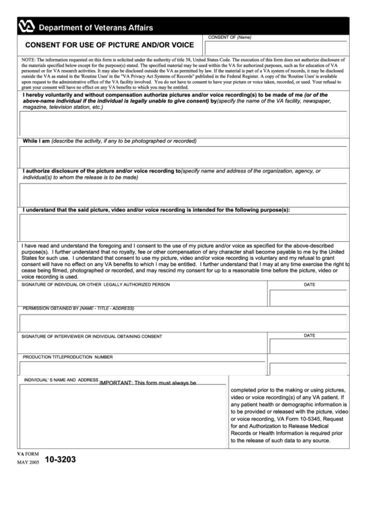 Fillable Form 10-3203 - Consent For Use Of Picture And/or Voice - Department Of Veterans Affairs Printable pdf