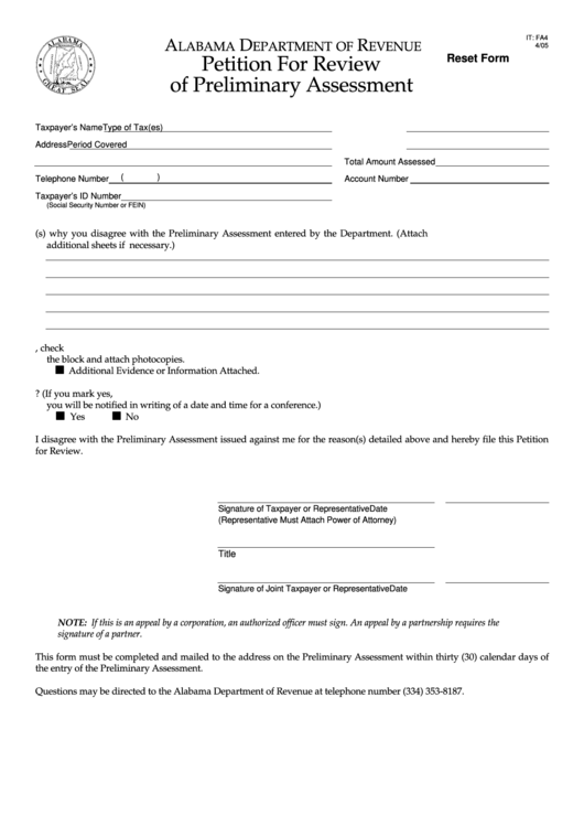 Fillable Form It: Fa4 - Petition For Review Of Preliminary Assessment Printable pdf