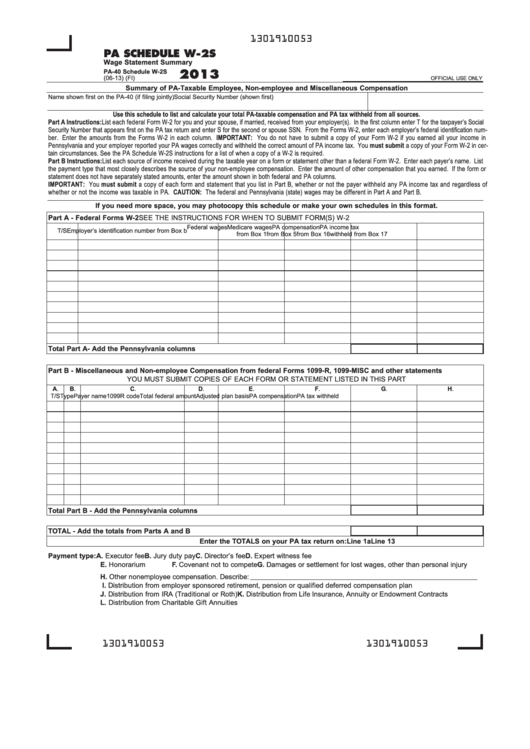 Fillable Form Pa-40 - Pa Schedule W-2s - Wage Statement Summary - 2013 Printable pdf