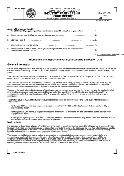 Form Sc Sch.tc-36 - South Carolina Industry Partnership Fund Credit Printable pdf