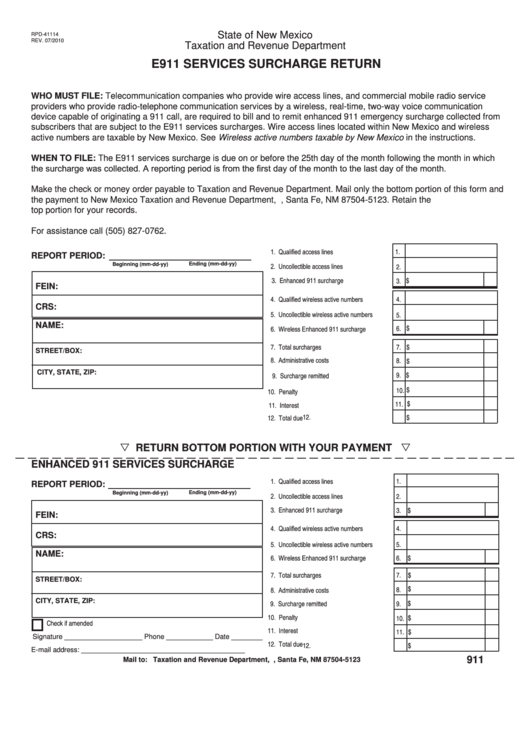 Fillable Form Rpd-41114 - E911 Services Surcharge Return Printable pdf