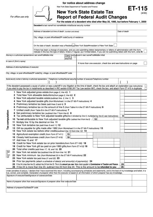 Form Et-115 - New York State Estate Tax Report Of Federal Audit Changes Printable pdf