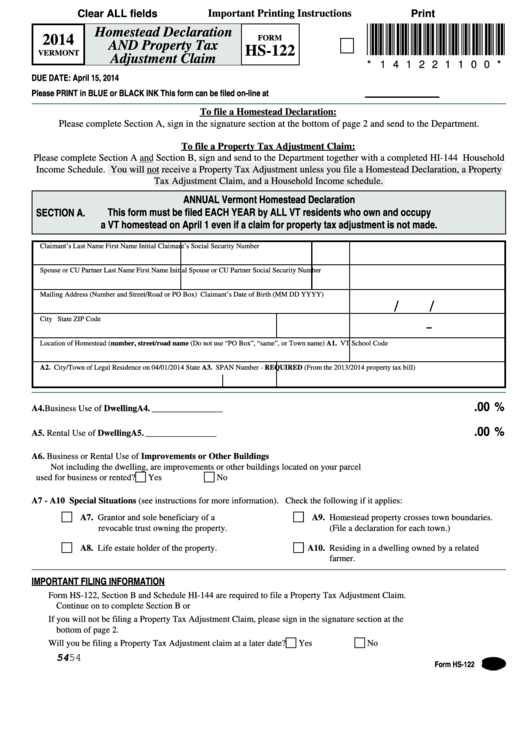 Fillable Form Hs-122 - Vermont Homestead Declaration And Property Tax Adjustment Claim - 2014 Printable pdf