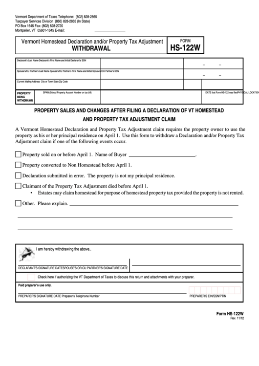 Form Hs-122w - Vermont Homestead Declaration And/or Property Tax Adjustment Withdrawal Printable pdf