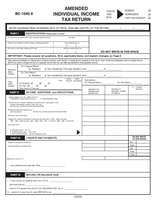 Form Bc-1040 X - Amended Individual Income Tax Return Printable pdf