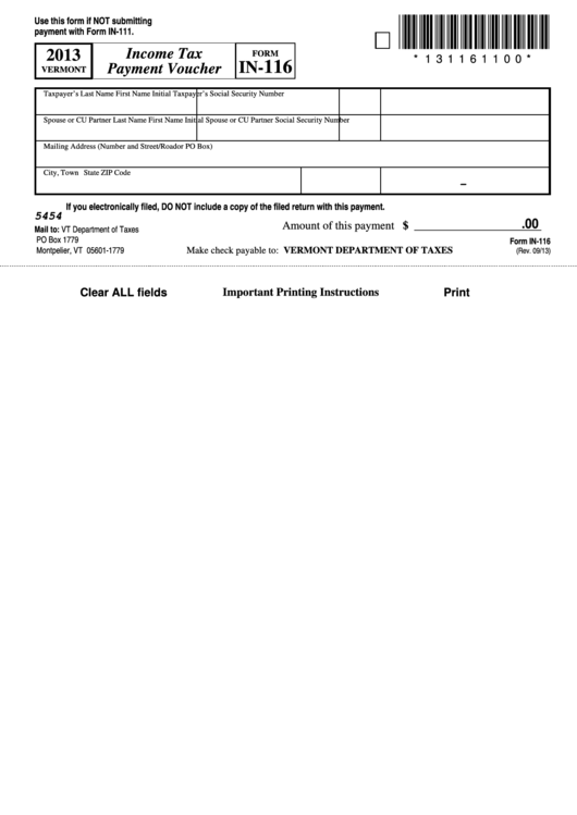 Fillable Form In-116 - Vermont Income Tax Payment Voucher - 2013 Printable pdf