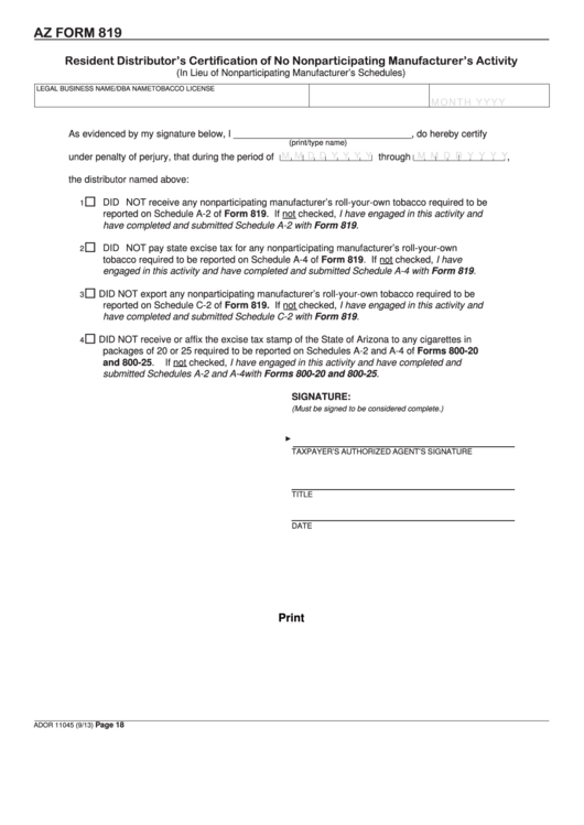 Fillable Arizona Form 819 - Resident Distributor