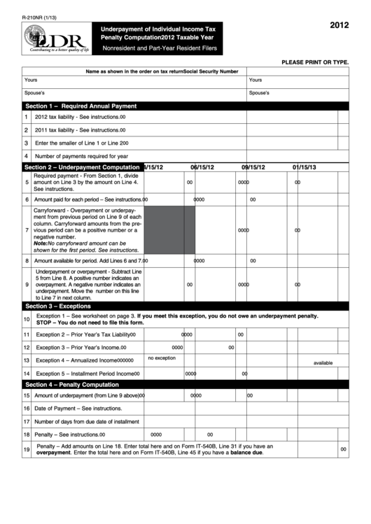 Fillable Form R-210nr - Underpayment Of Individual Income Tax Penalty Computation 2012 Taxable Year Printable pdf