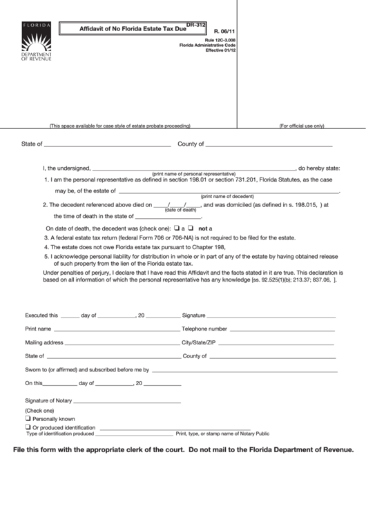 Form Dr-312 - Affidavit Of No Florida Estate Tax Due Printable pdf