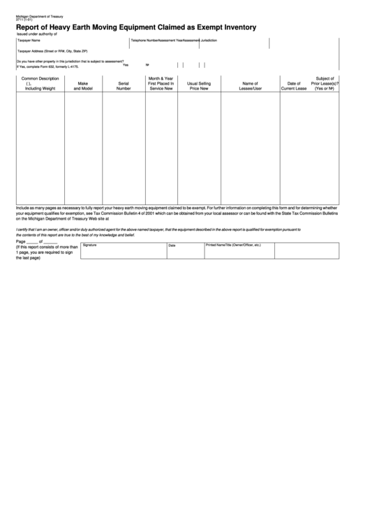 Form 3711 - Report Of Heavy Earth Moving Equipment Claimed As Exempt Inventory Printable pdf