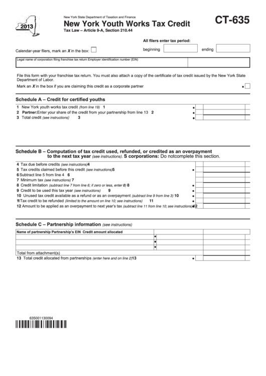Form Ct-635 - New York Youth Works Tax Credit - 2013 Printable pdf