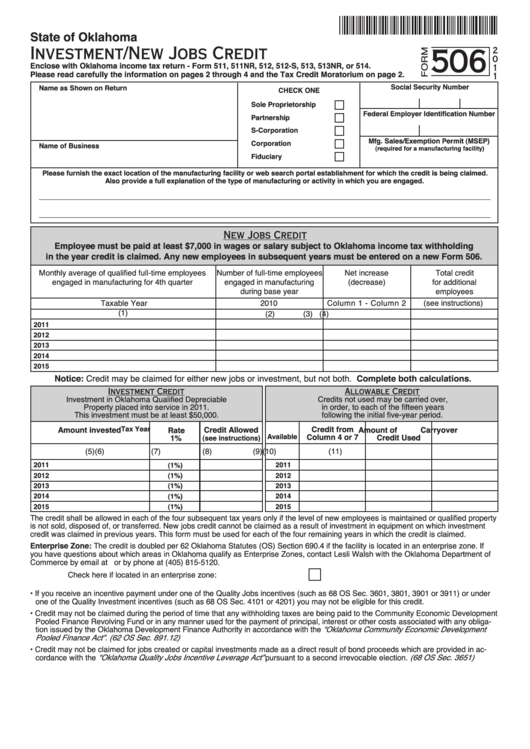 Fillable Form 506 - Oklahoma Investment/new Jobs Credit - 2011 Printable pdf