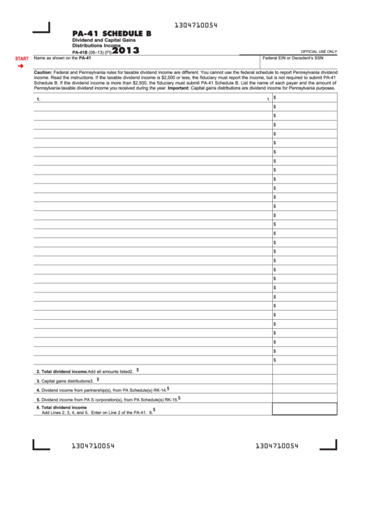 Fillable Form Pa-41b - Pa-41 Schedule B - Dividend And Capital Gains Distributions Income - 2013 Printable pdf