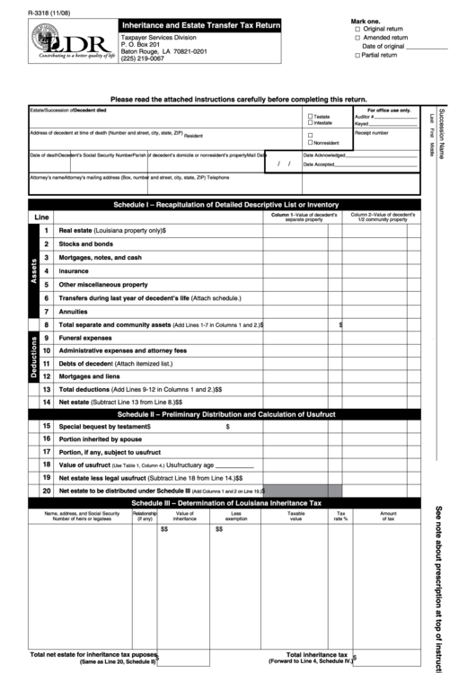 Fillable Form R-3318 - Inheritance And Estate Transfer Tax Return Printable pdf