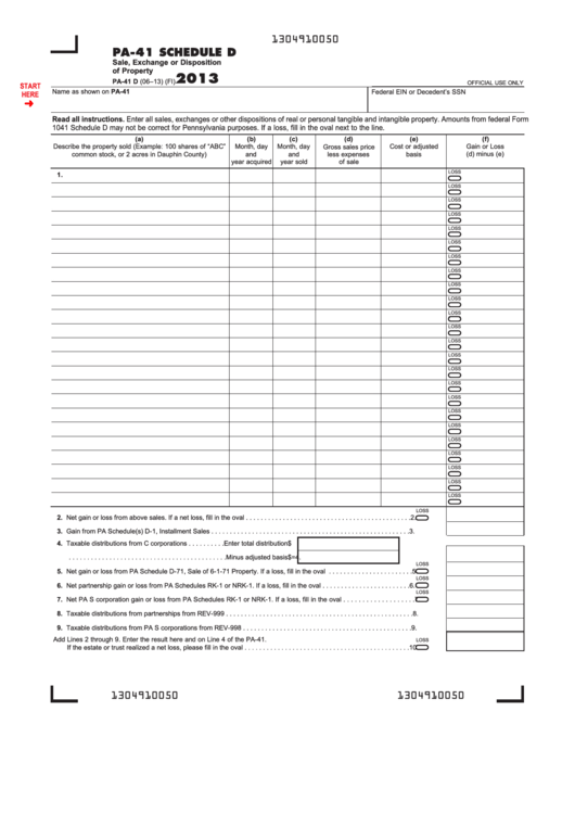 Fillable Form Pa-41 D - Pa-41 Schedule D - Sale, Exchange Or Disposition Of Property - 2013 Printable pdf