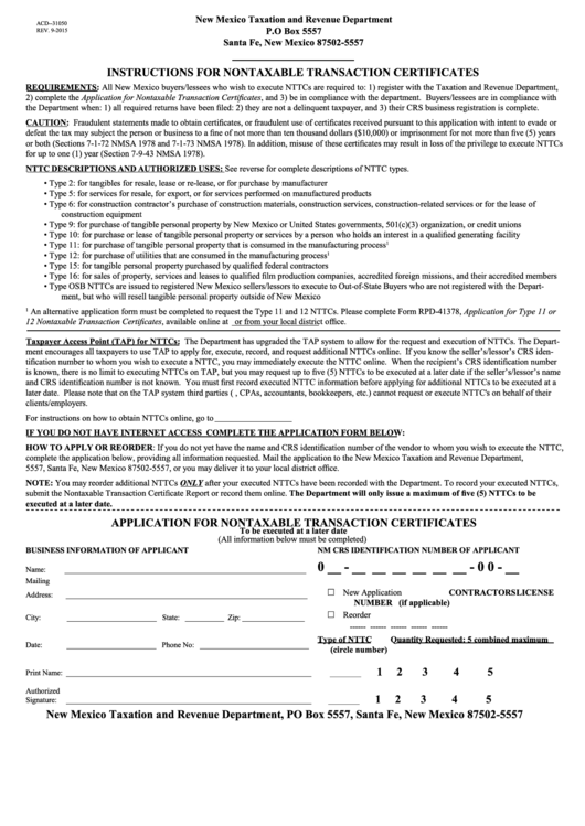 Form Acd-31050 - Application For Nontaxable Transaction Certificates - 2015 Printable pdf